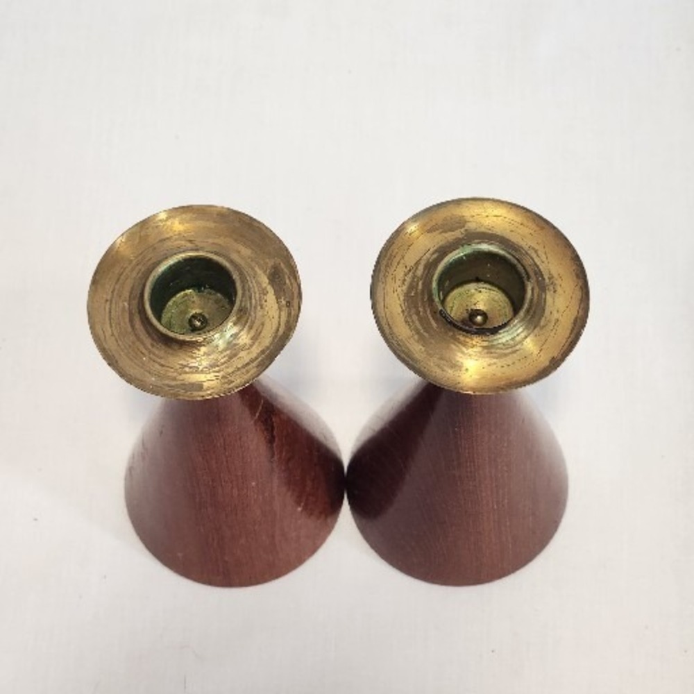 Vintage Joh Jorg Backe Norway Mid Century Modern Wood and Brass Candle Holders - Picture 2 of 8